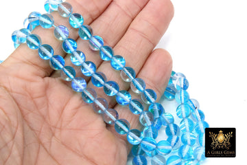 Ocean Blue AB Beads, Smooth Sky Blue Iridescent Beads BS #242, sizes in 8 mm 15.25 inch FULL Strands